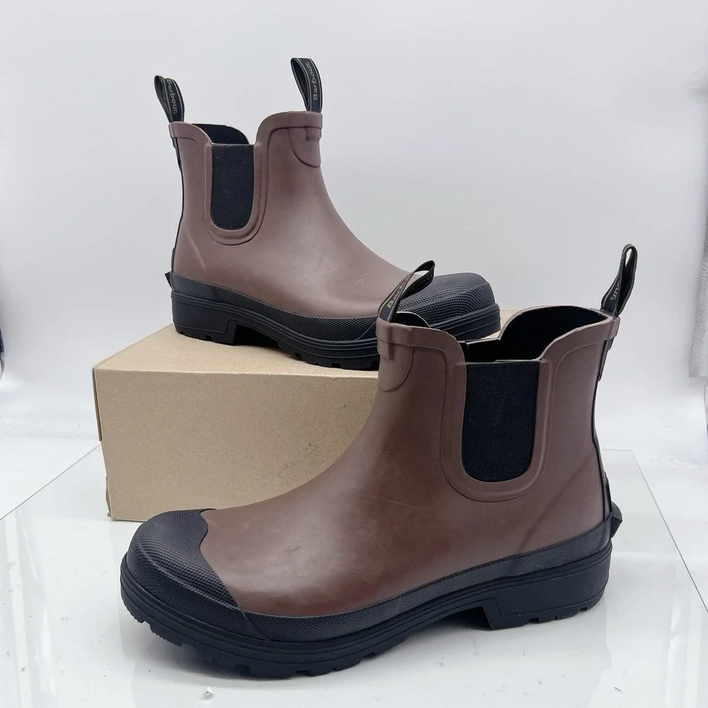 Barbour Storm Men's Chelsea Rain Boots Pull On Dark San Brown Black Size US 10